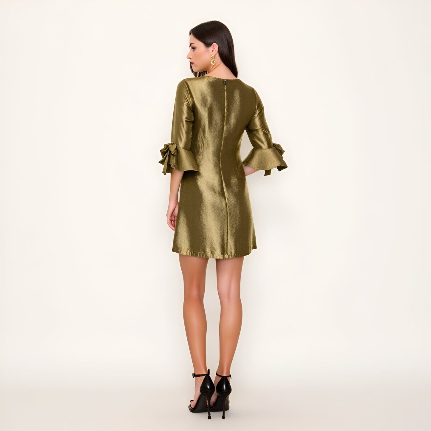 Satin Shift Dress with Ruffle Three-Quarter Sleeves