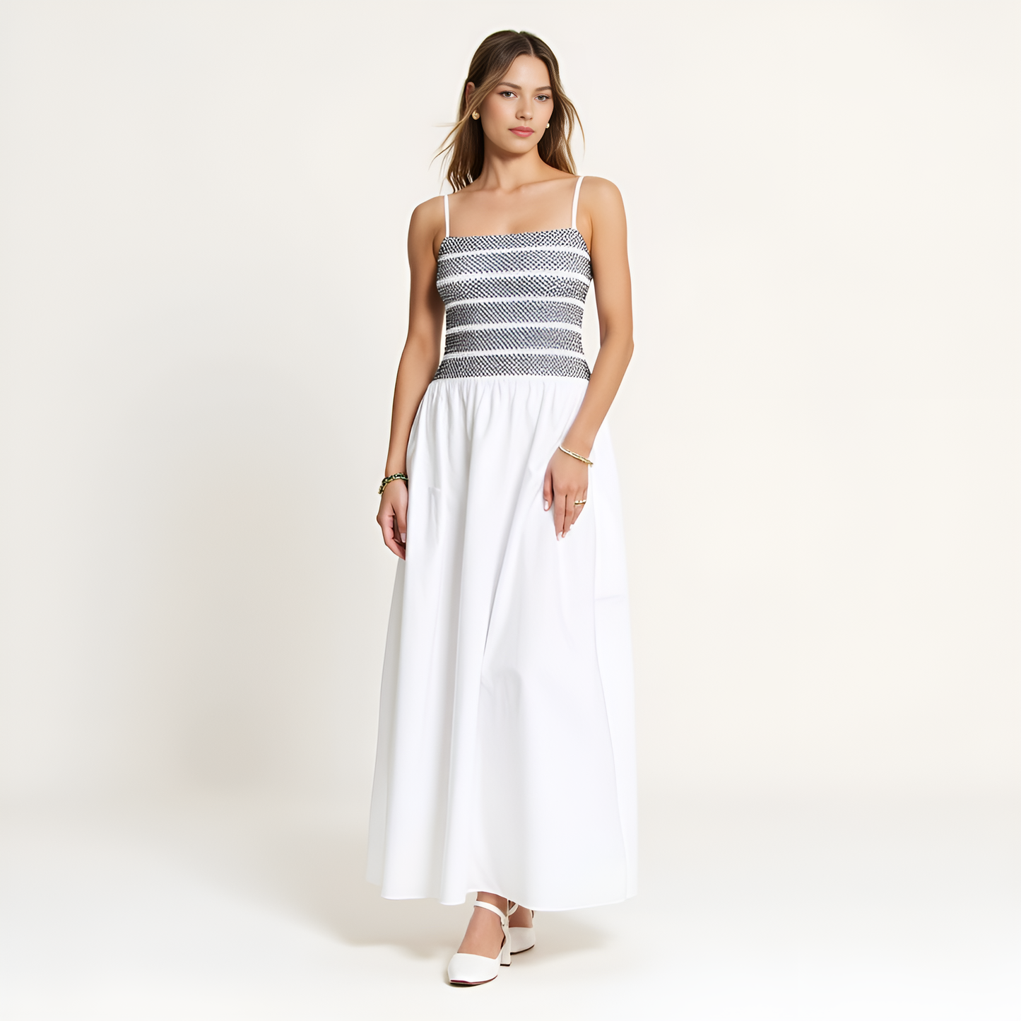Smocked Bodice A-Line Maxi Dress with Delicate Straps and Gathered Skirt