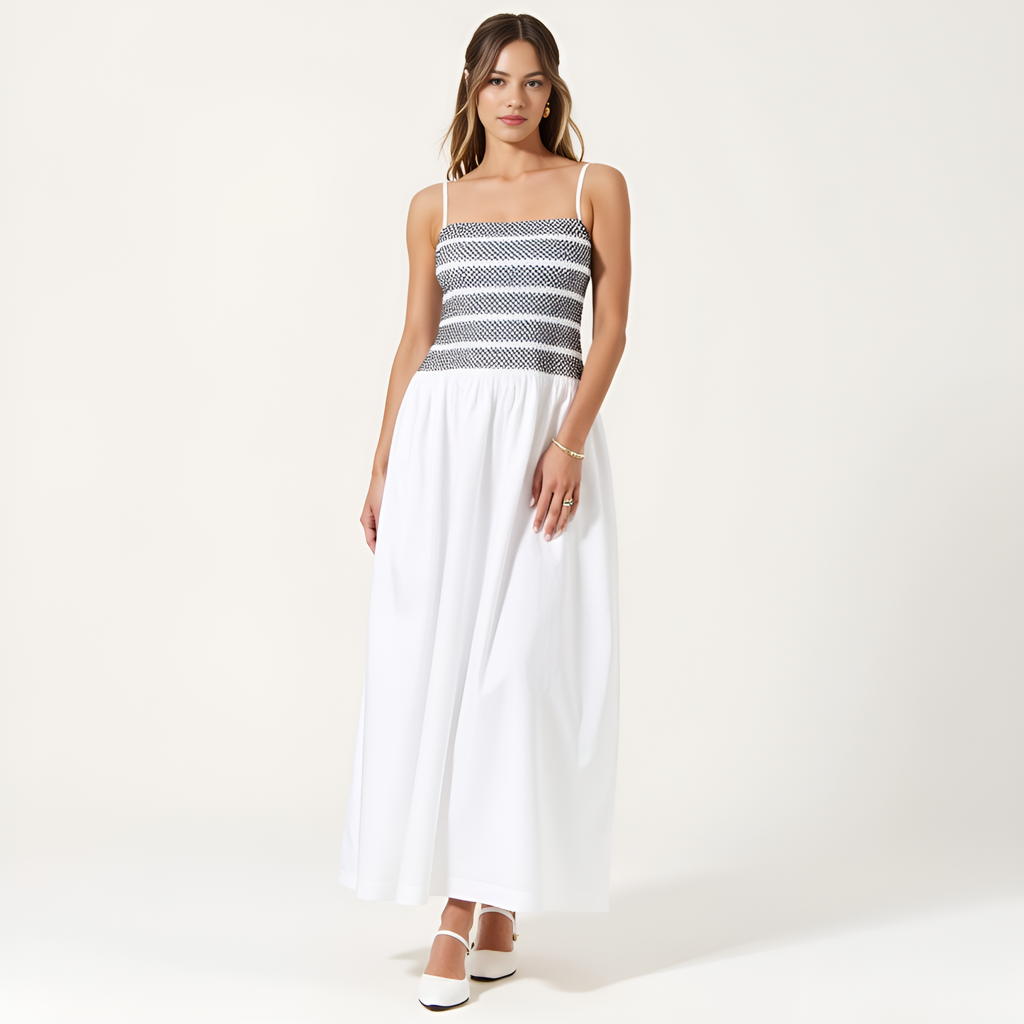 Smocked Bodice A-Line Maxi Dress with Delicate Straps and Gathered Skirt