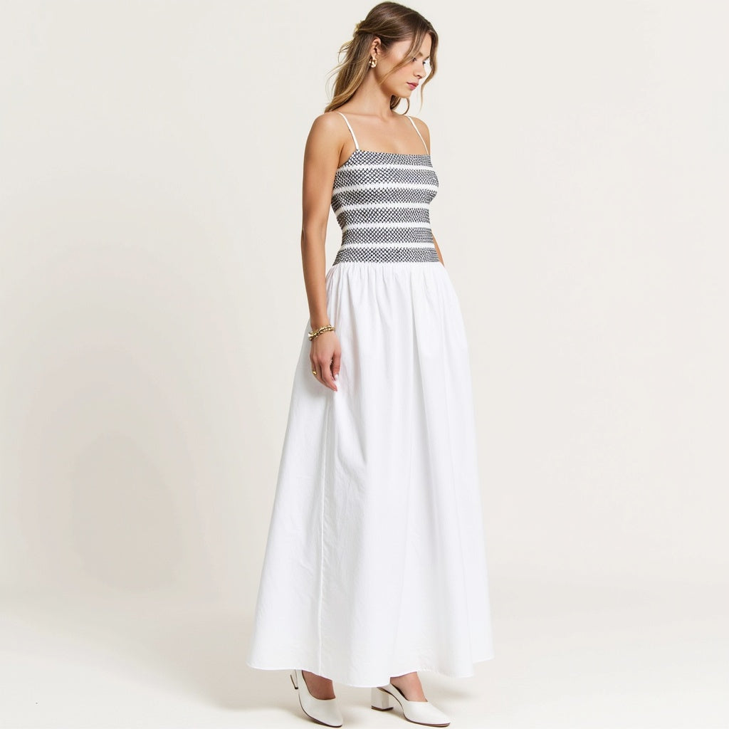 Smocked Bodice A-Line Maxi Dress with Delicate Straps and Gathered Skirt