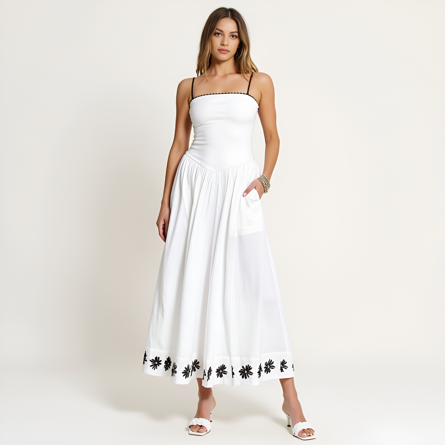 Strapless Embroidered Hem A-Line Dress with Corset Waist and Subtle Contrast Trim