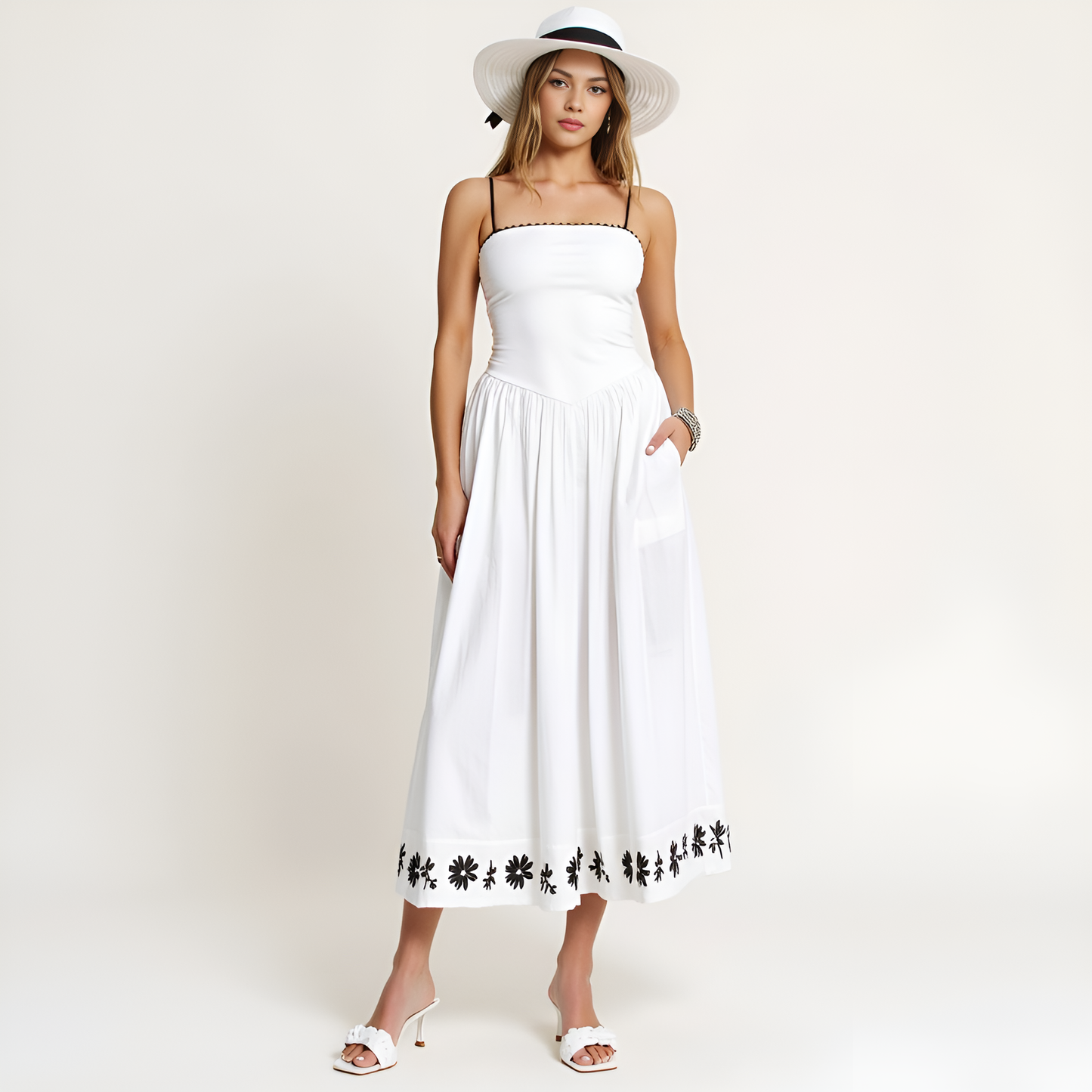 Strapless Embroidered Hem A-Line Dress with Corset Waist and Subtle Contrast Trim