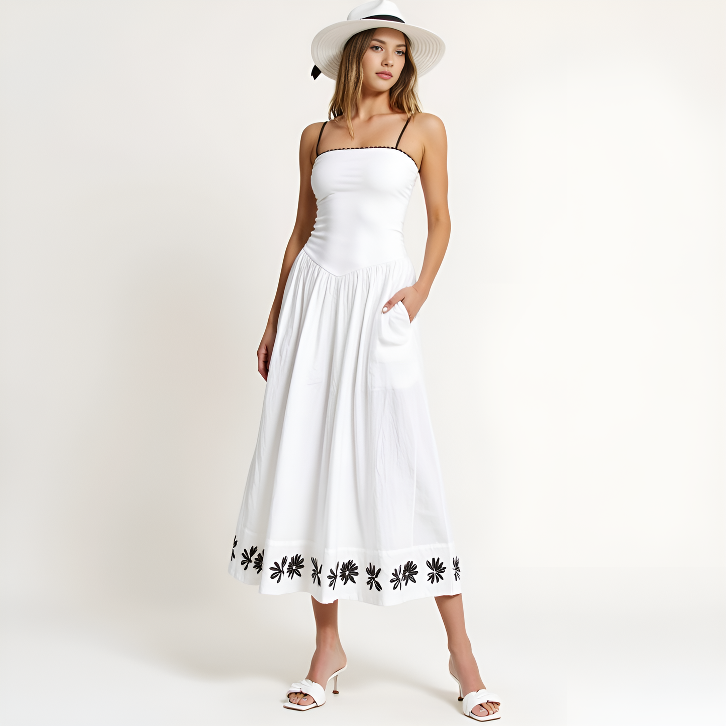 Strapless Embroidered Hem A-Line Dress with Corset Waist and Subtle Contrast Trim