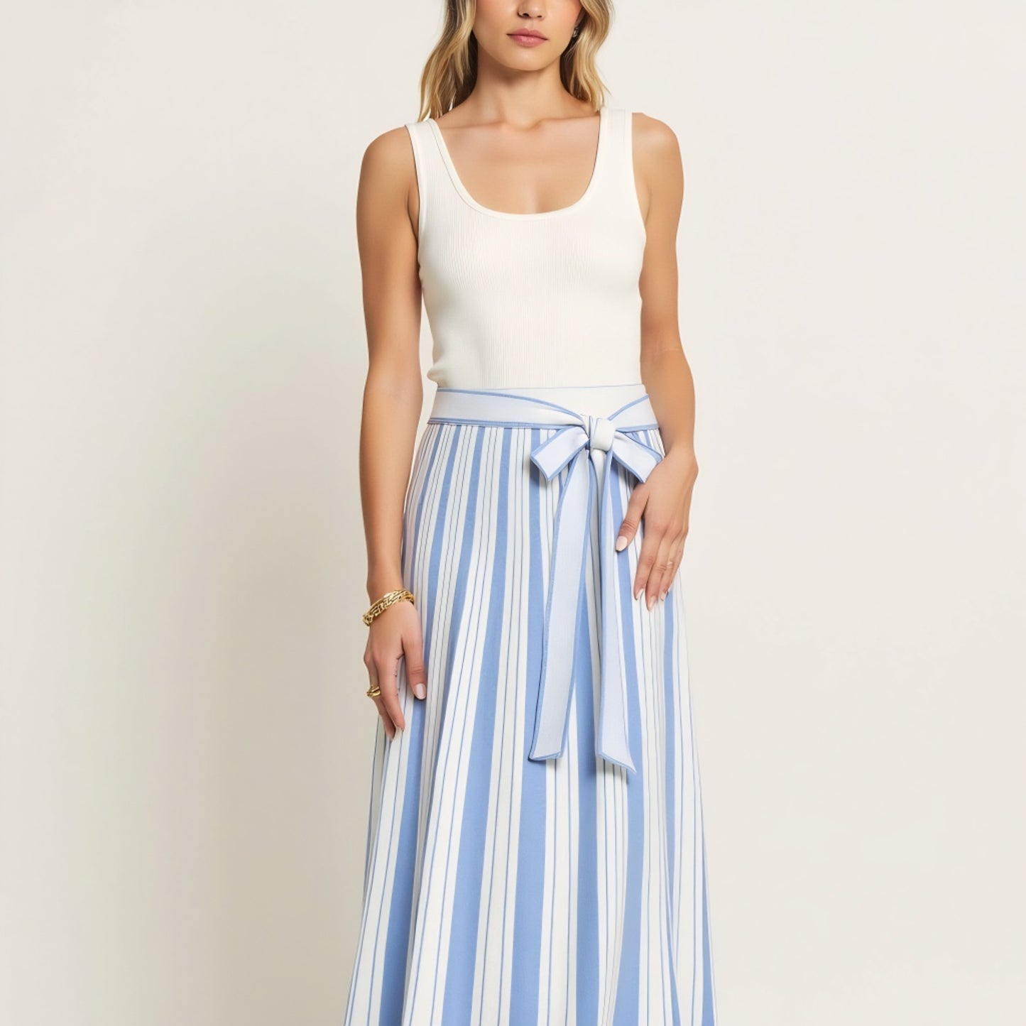 Sleeveless Striped Maxi Dress with Scoop Neck and Waist Tie