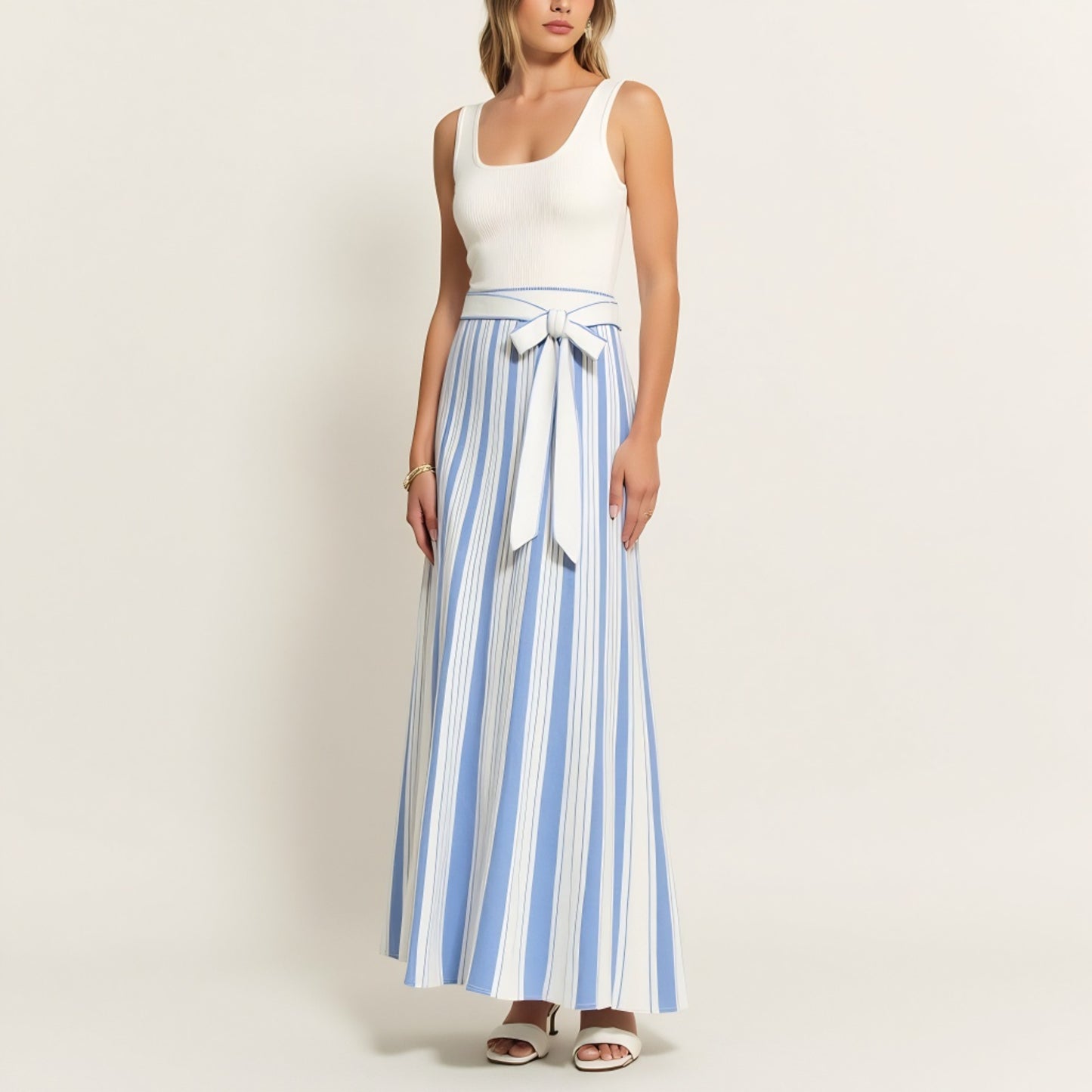 Sleeveless Striped Maxi Dress with Scoop Neck and Waist Tie