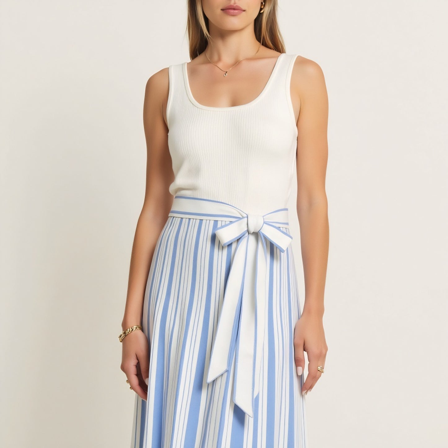 Sleeveless Striped Maxi Dress with Scoop Neck and Waist Tie