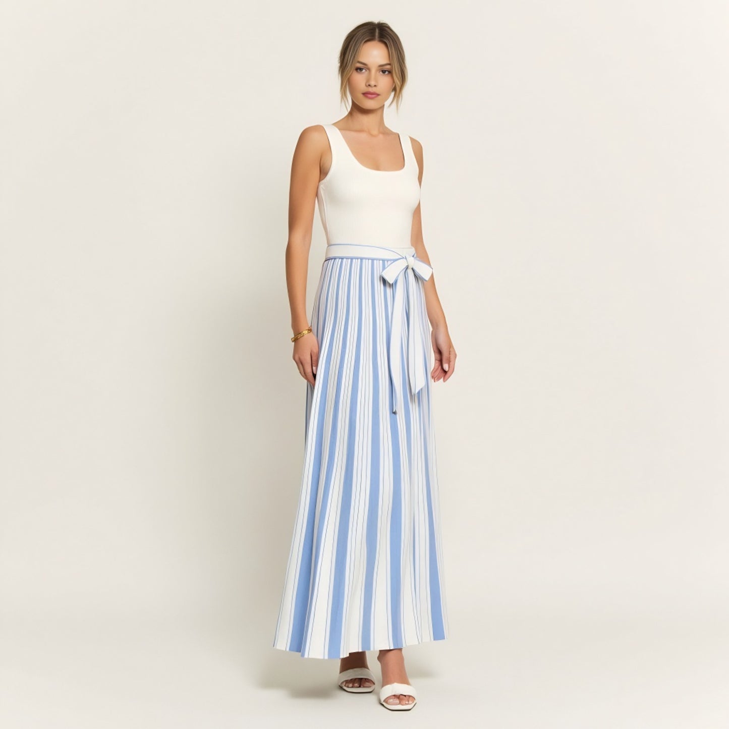 Sleeveless Striped Maxi Dress with Scoop Neck and Waist Tie