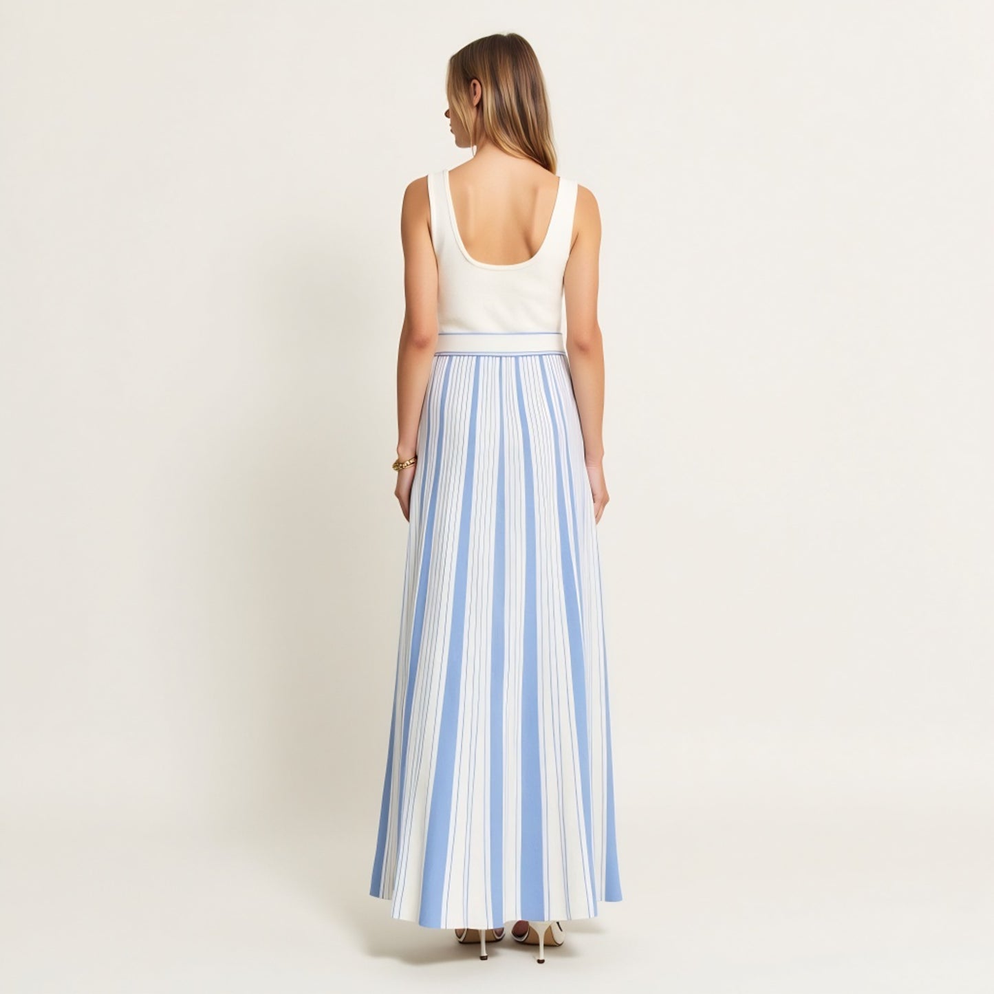 Sleeveless Striped Maxi Dress with Scoop Neck and Waist Tie