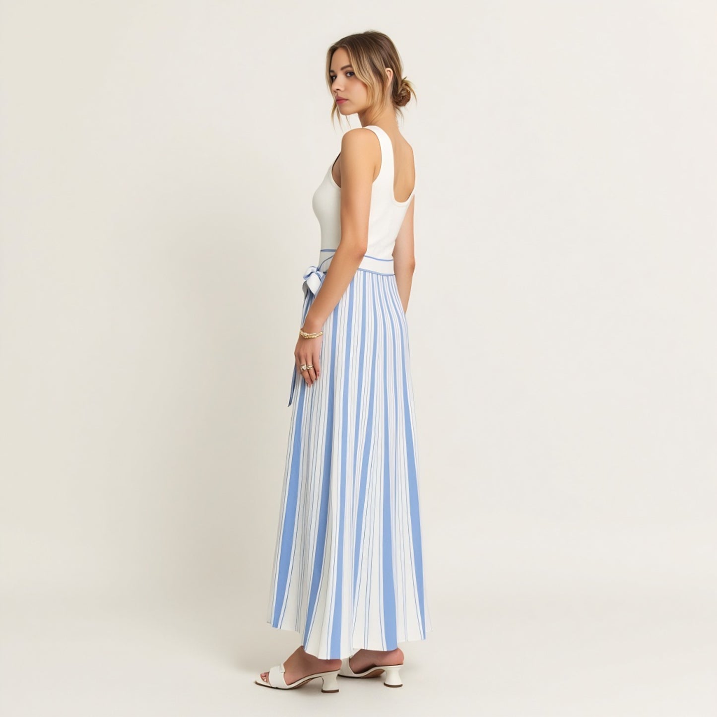 Sleeveless Striped Maxi Dress with Scoop Neck and Waist Tie