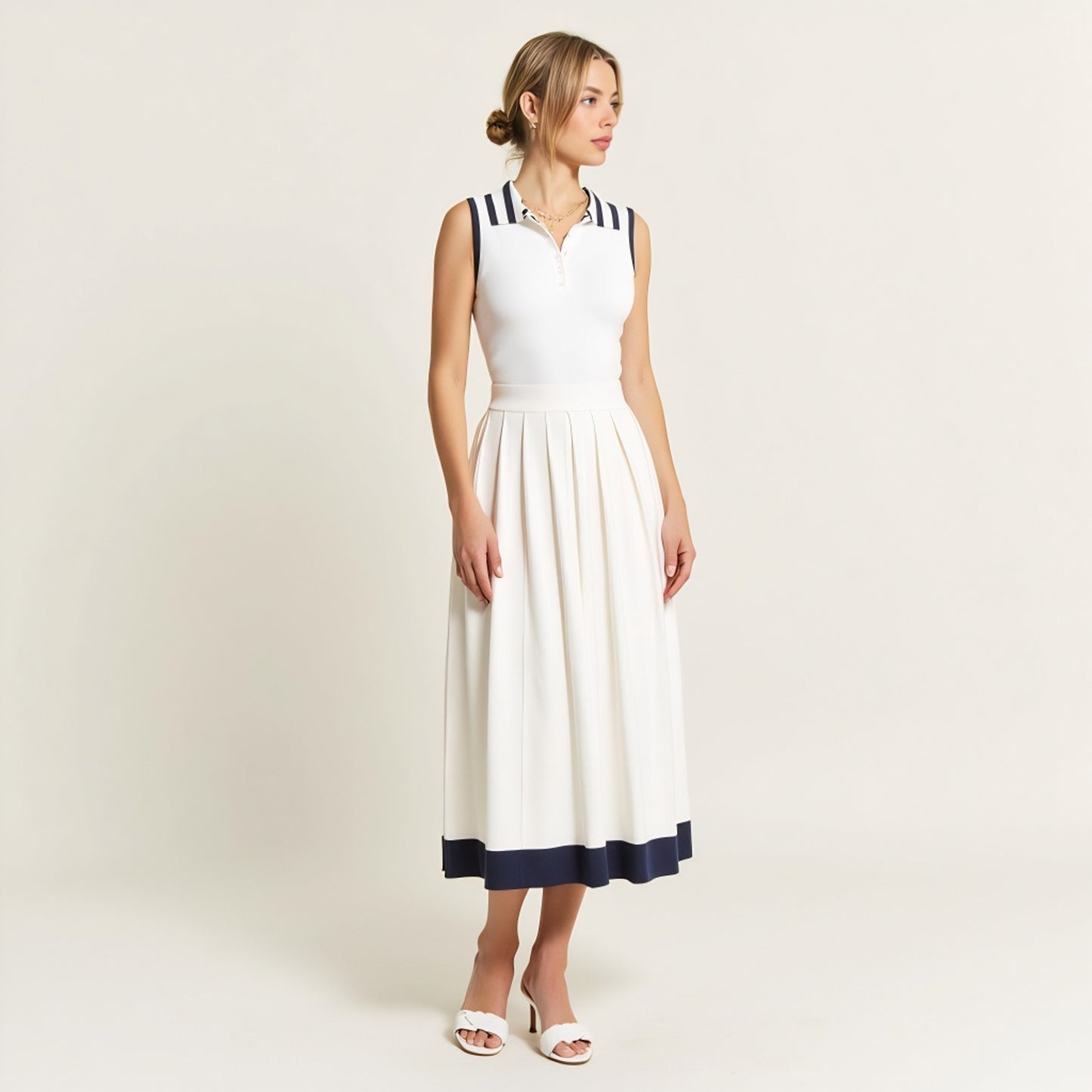 Sleeveless Knit Midi Dress with Contrast Collar and Hem Detail