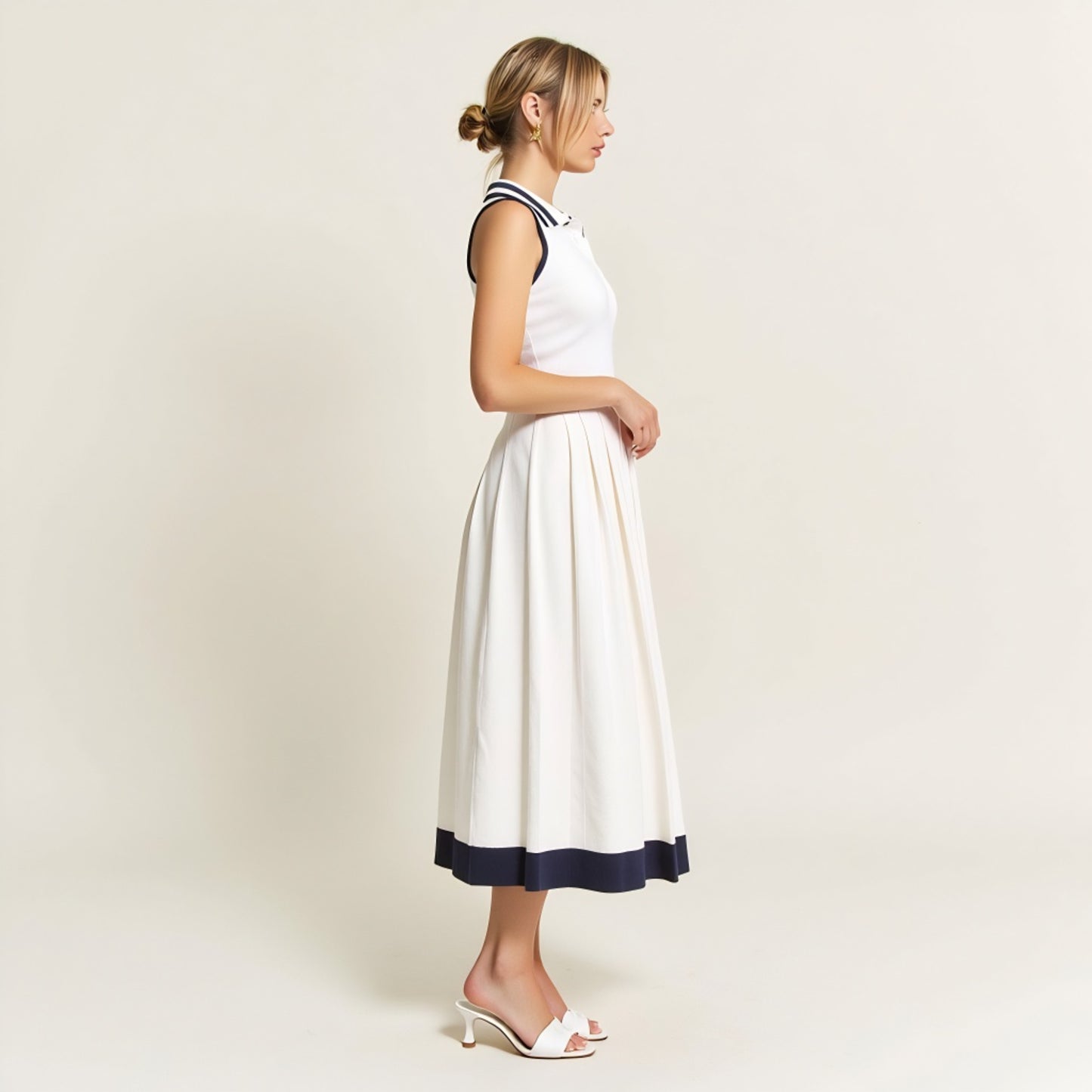 Sleeveless Knit Midi Dress with Contrast Collar and Hem Detail