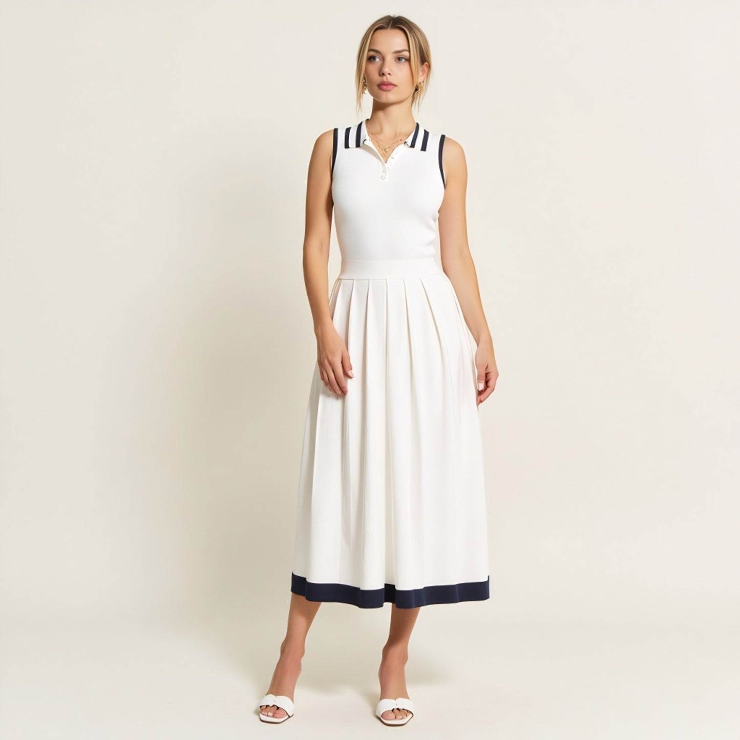 Sleeveless Knit Midi Dress with Contrast Collar and Hem Detail