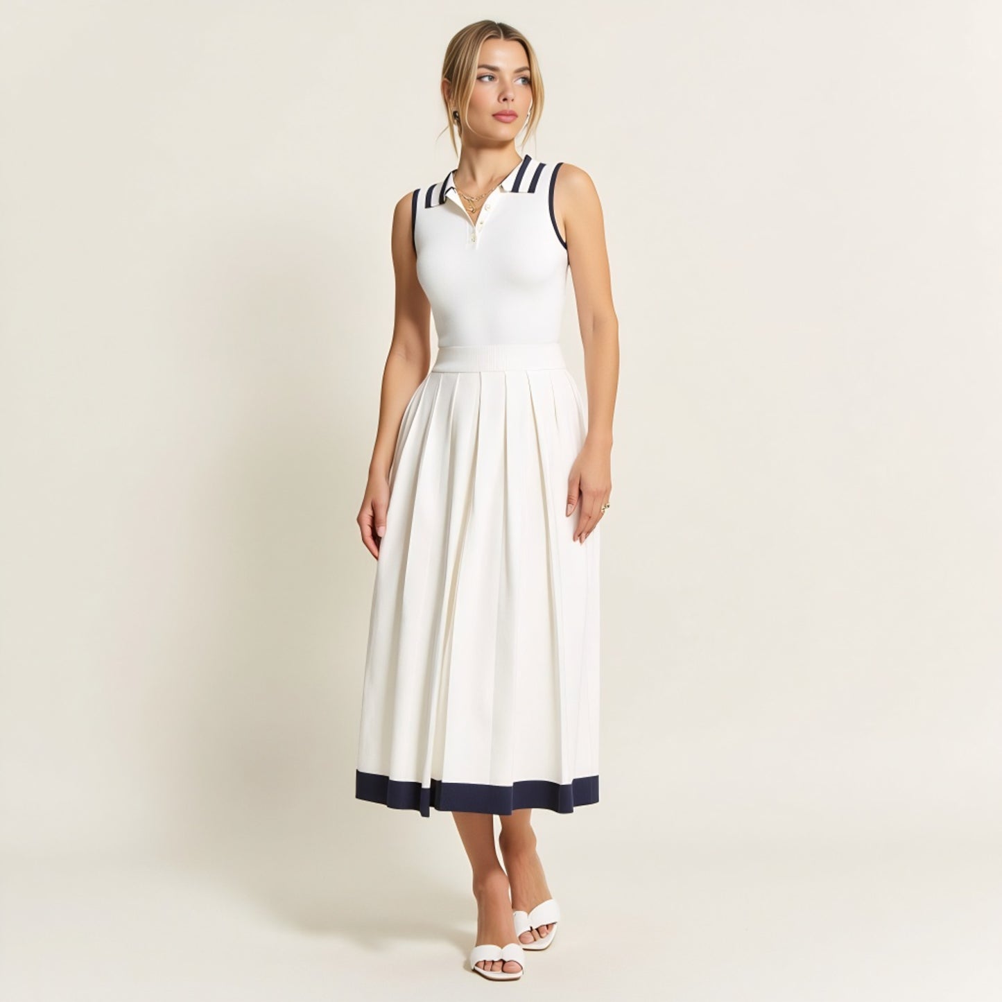 Sleeveless Knit Midi Dress with Contrast Collar and Hem Detail