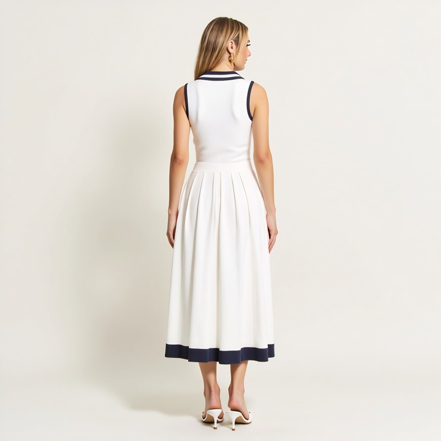 Sleeveless Knit Midi Dress with Contrast Collar and Hem Detail