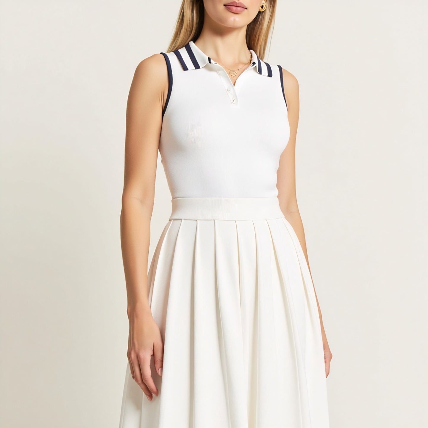 Sleeveless Knit Midi Dress with Contrast Collar and Hem Detail