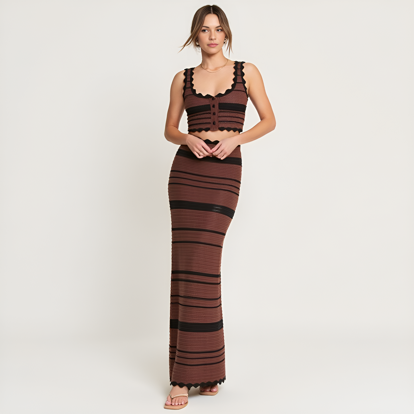Scallop Trim Crochet Crop Top and Maxi Skirt Set in Striped Knit Pattern