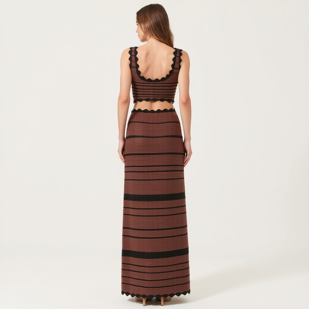 Scallop Trim Crochet Crop Top and Maxi Skirt Set in Striped Knit Pattern