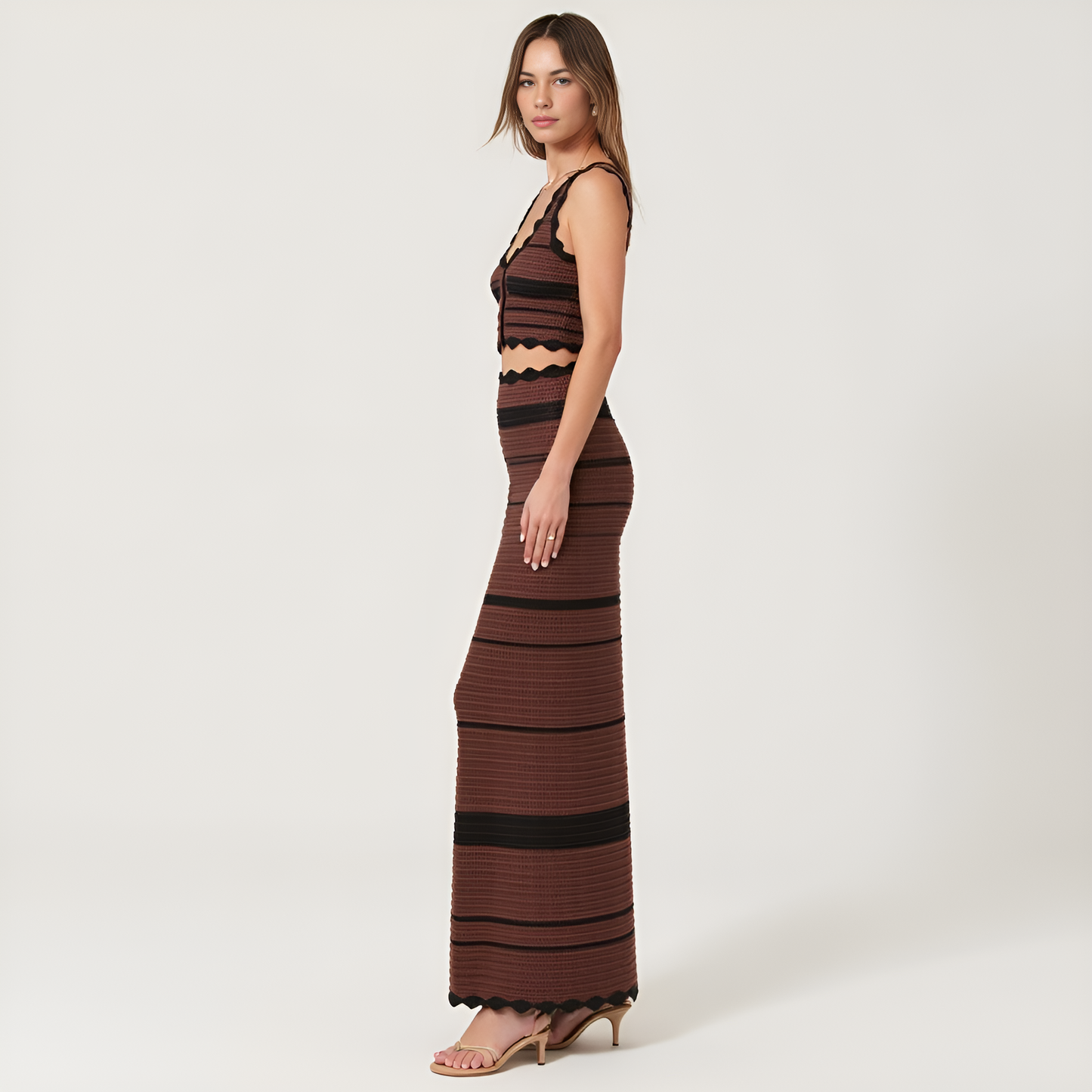 Scallop Trim Crochet Crop Top and Maxi Skirt Set in Striped Knit Pattern