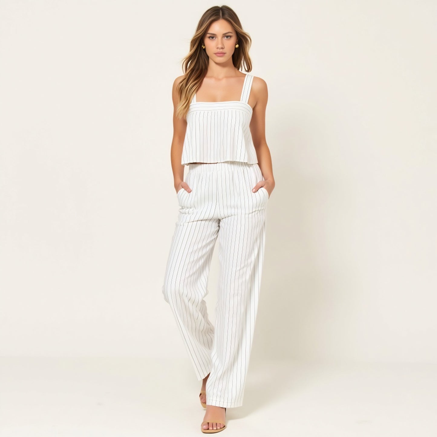 Striped Open Back Crop Top and Wide Leg High Waist Pant Set