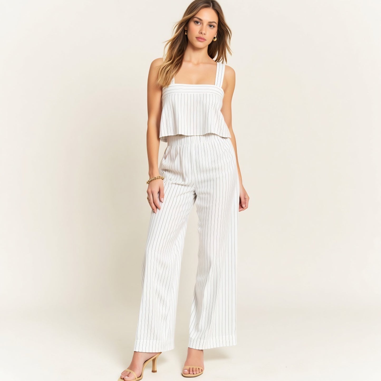 Striped Open Back Crop Top and Wide Leg High Waist Pant Set