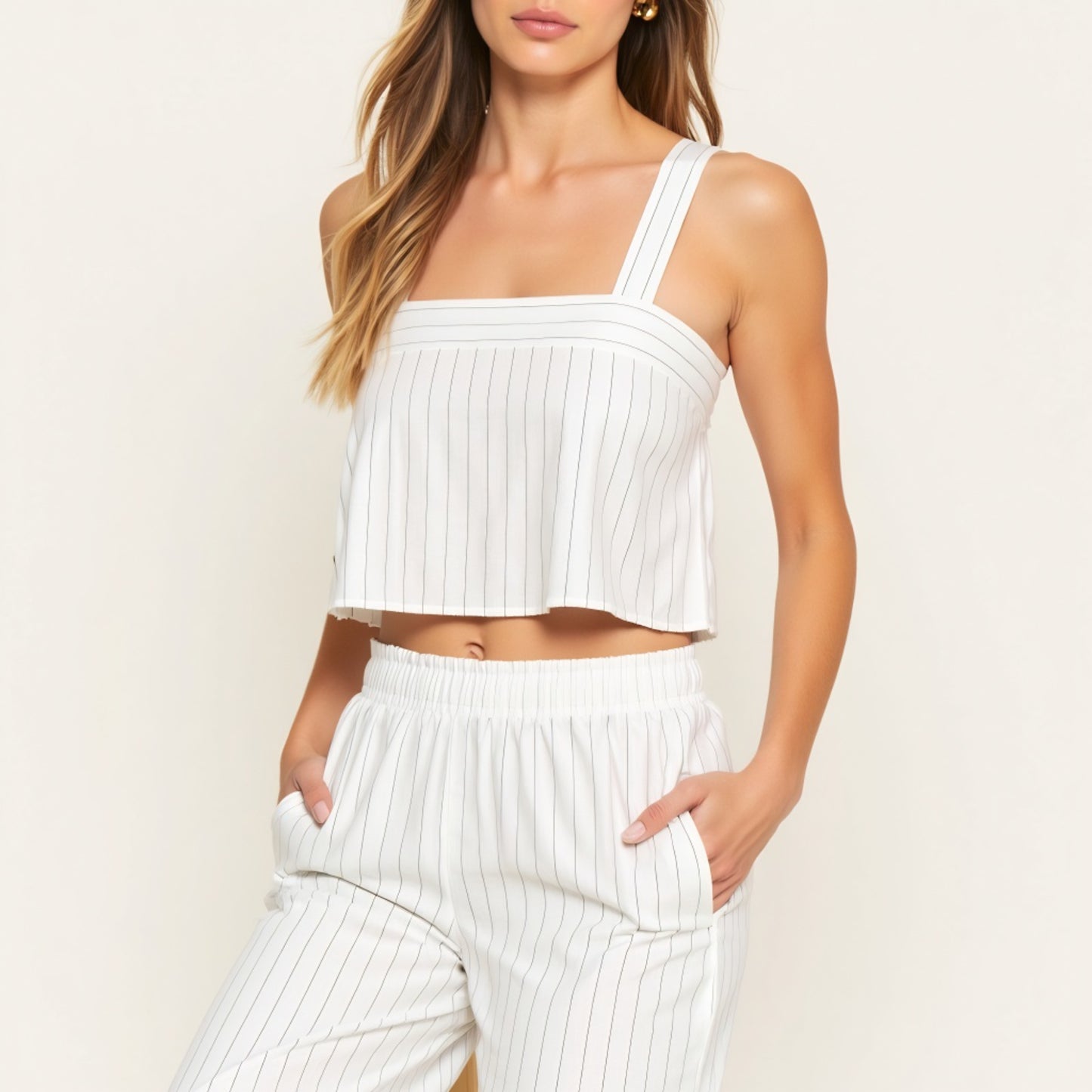 Striped Open Back Crop Top and Wide Leg High Waist Pant Set