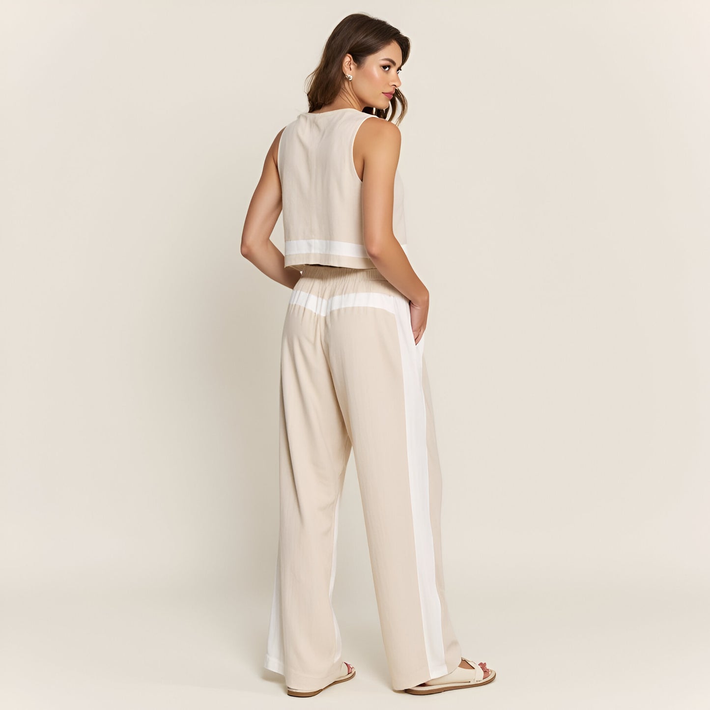 Sleeveless Tie-Front Crop Top and Wide-Leg Pant Set with Contrast Trim