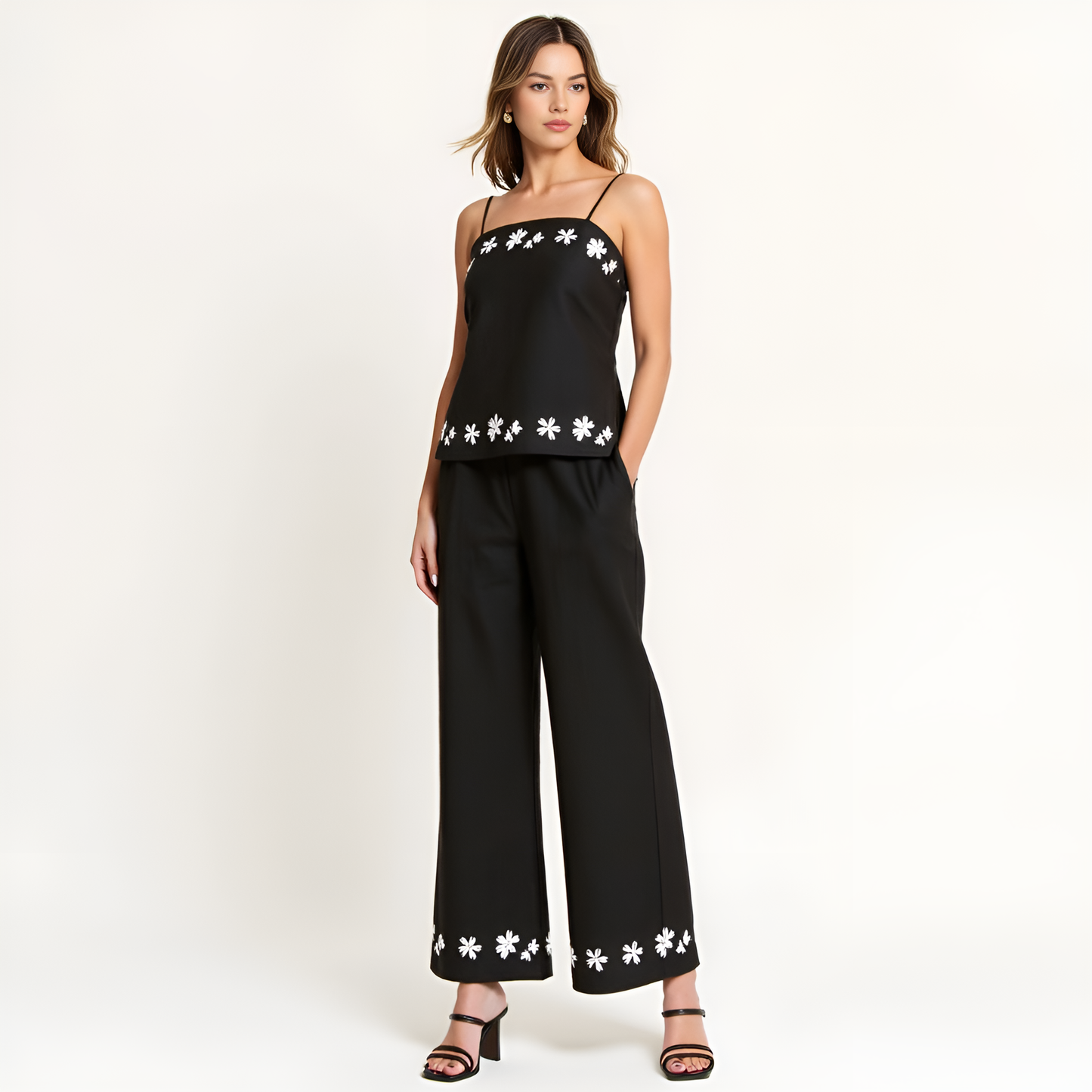Embroidered Camisole and Wide-Leg Pant Set with Floral Hem Detailing