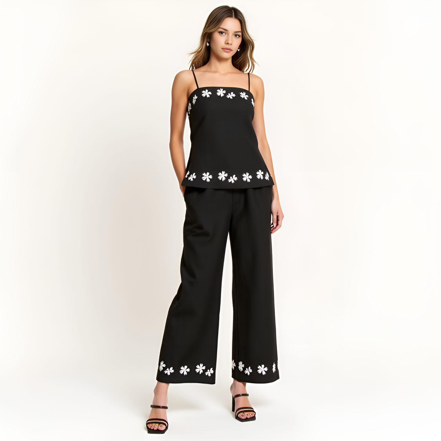 Embroidered Camisole and Wide-Leg Pant Set with Floral Hem Detailing