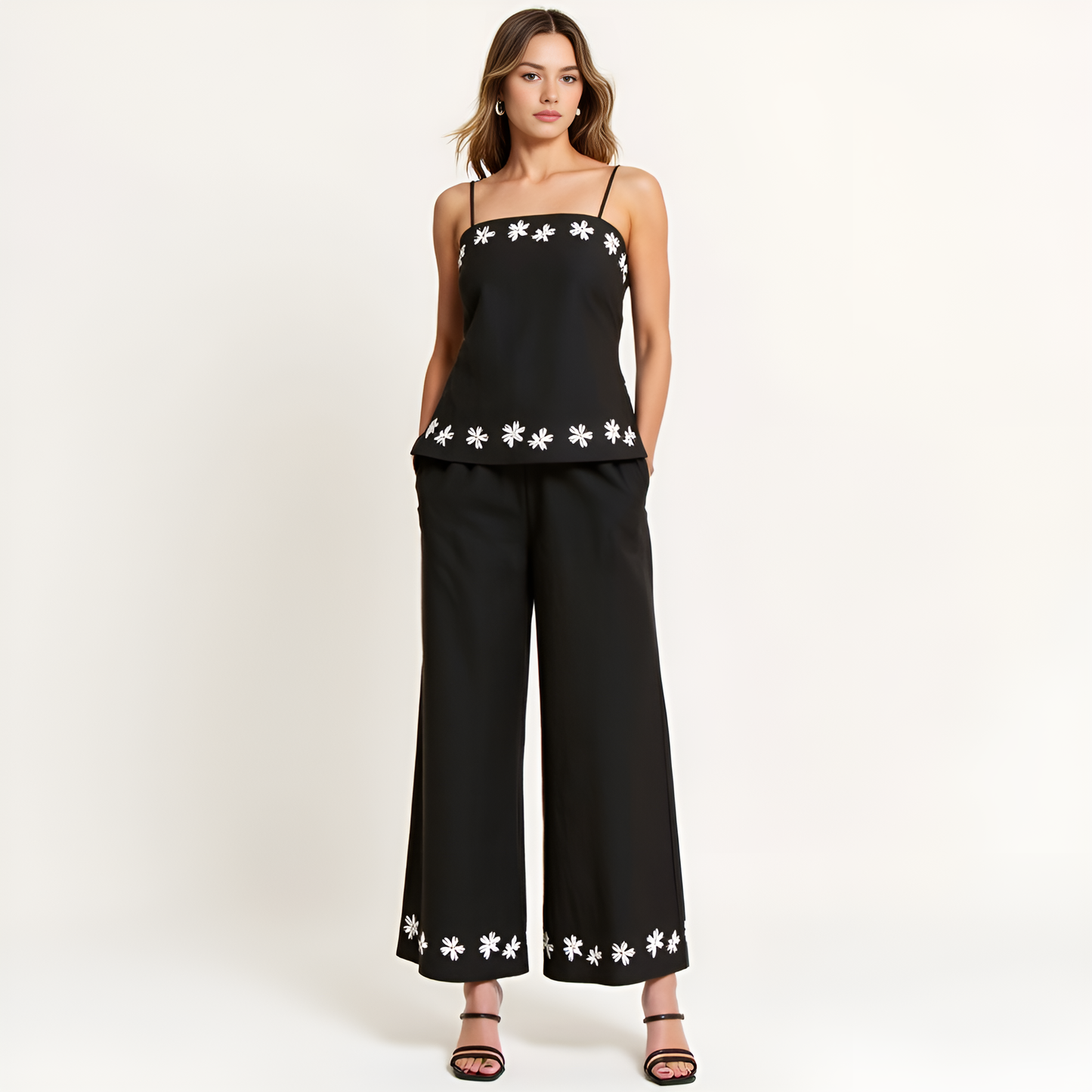 Embroidered Camisole and Wide-Leg Pant Set with Floral Hem Detailing