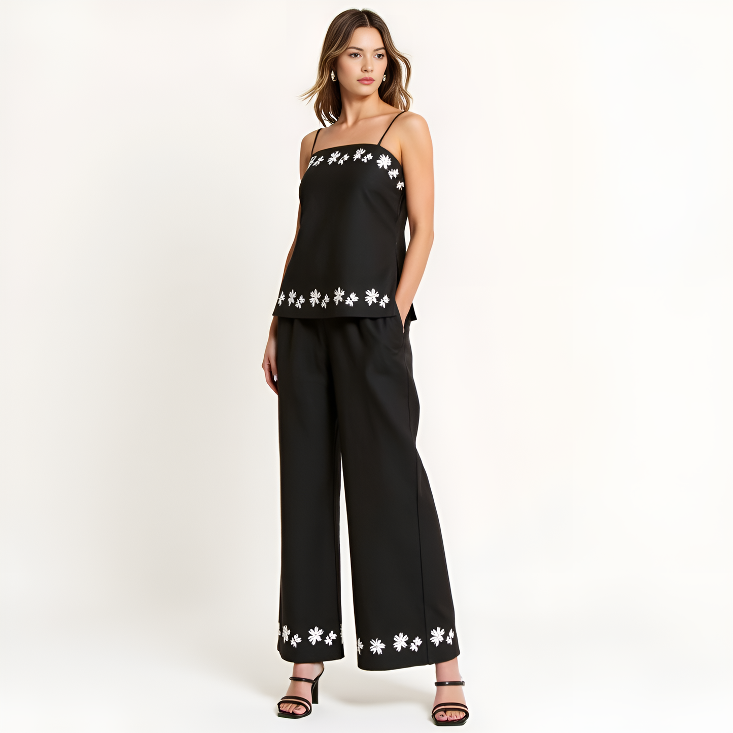 Embroidered Camisole and Wide-Leg Pant Set with Floral Hem Detailing