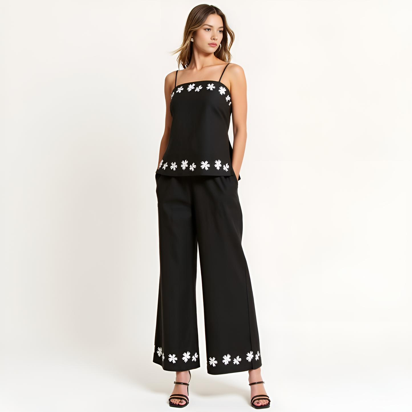 Embroidered Camisole and Wide-Leg Pant Set with Floral Hem Detailing