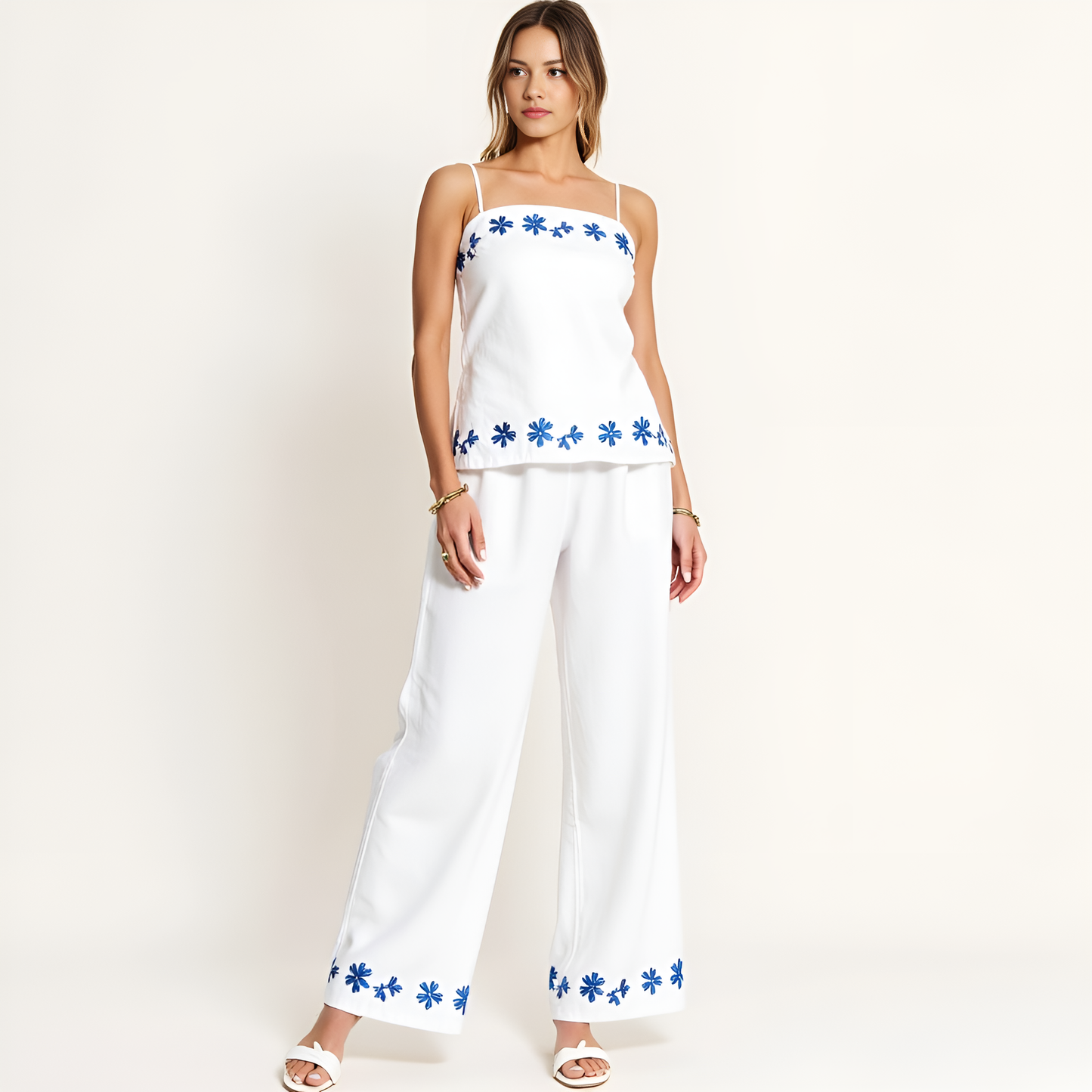 Embroidered Camisole and Wide-Leg Pant Set with Floral Hem Detailing