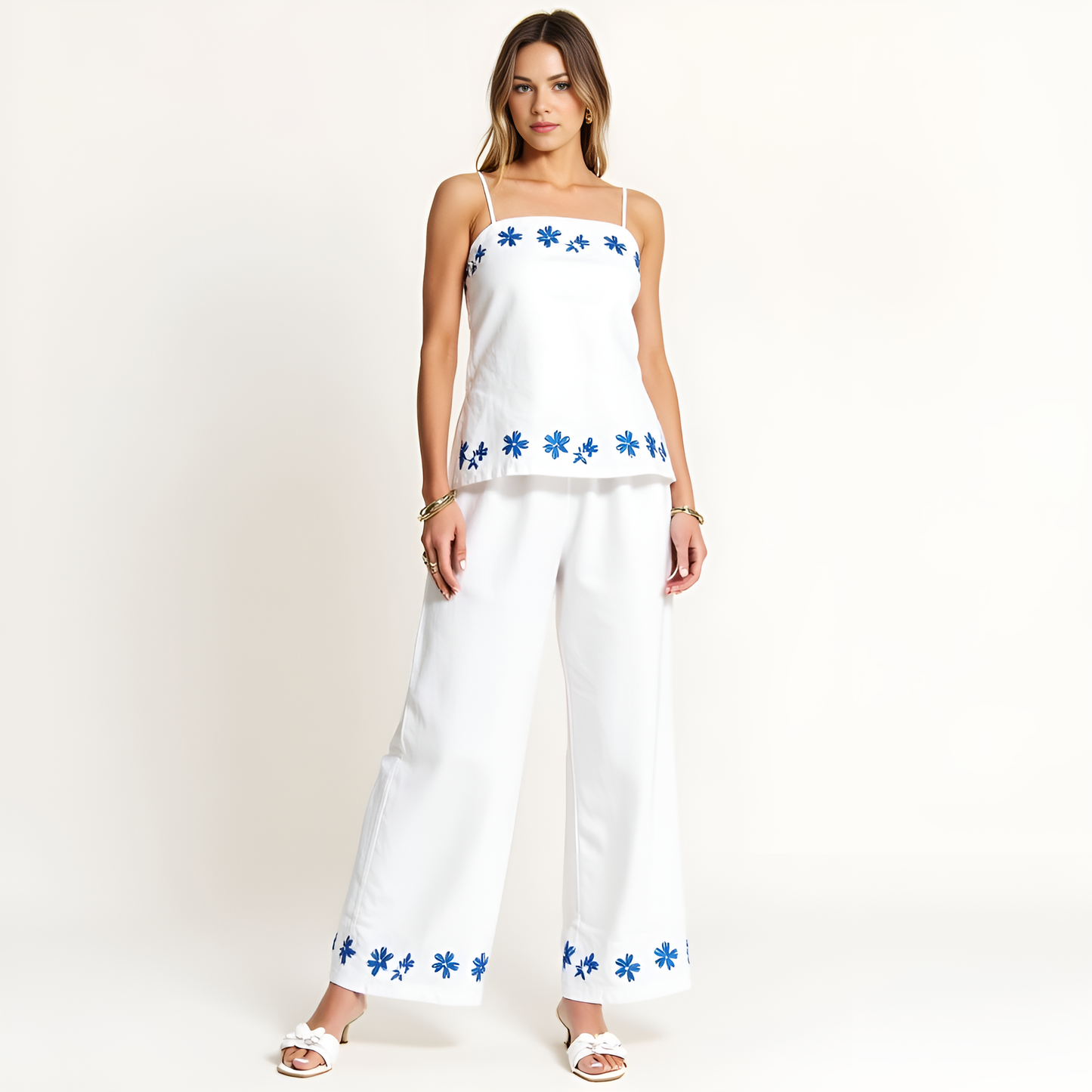 Embroidered Camisole and Wide-Leg Pant Set with Floral Hem Detailing