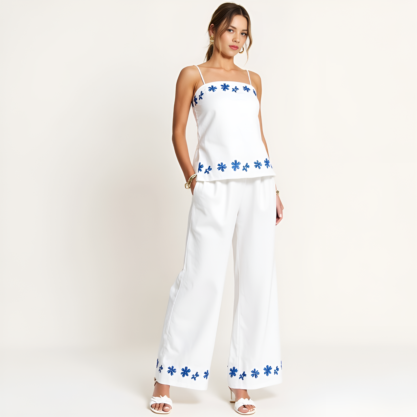 Embroidered Camisole and Wide-Leg Pant Set with Floral Hem Detailing