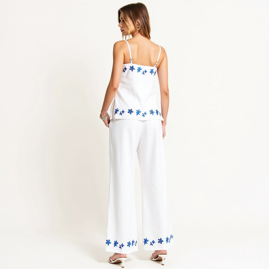 Embroidered Camisole and Wide-Leg Pant Set with Floral Hem Detailing