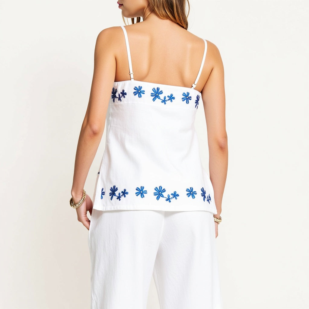 Embroidered Camisole and Wide-Leg Pant Set with Floral Hem Detailing