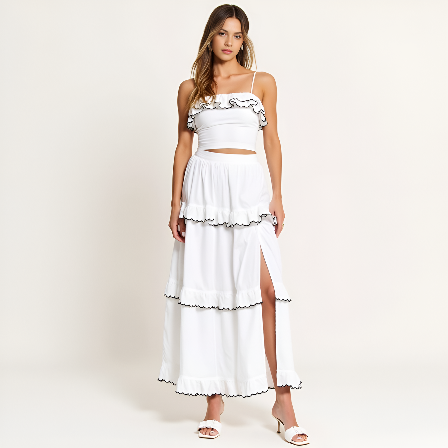 Ruffle Trim Cropped Top and High-Slit Maxi Skirt Set with Contrast Edging