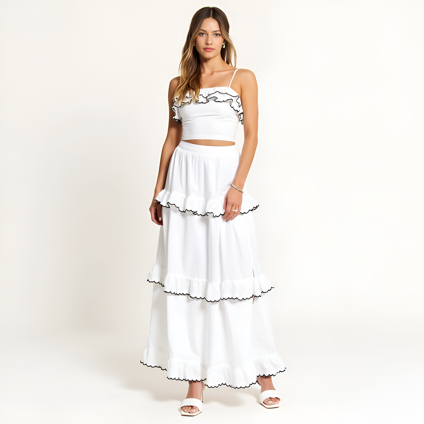 Ruffle Trim Cropped Top and High-Slit Maxi Skirt Set with Contrast Edging