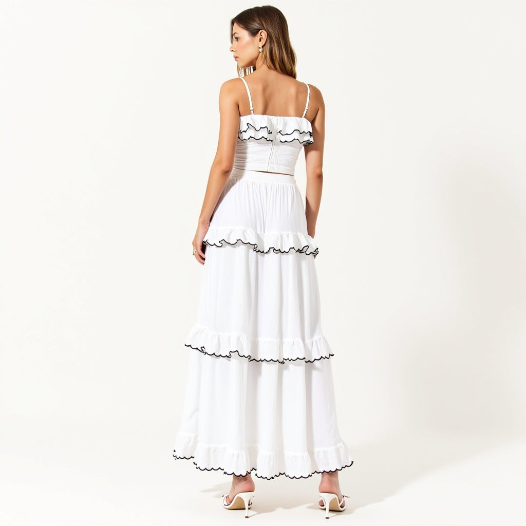 Ruffle Trim Cropped Top and High-Slit Maxi Skirt Set with Contrast Edging