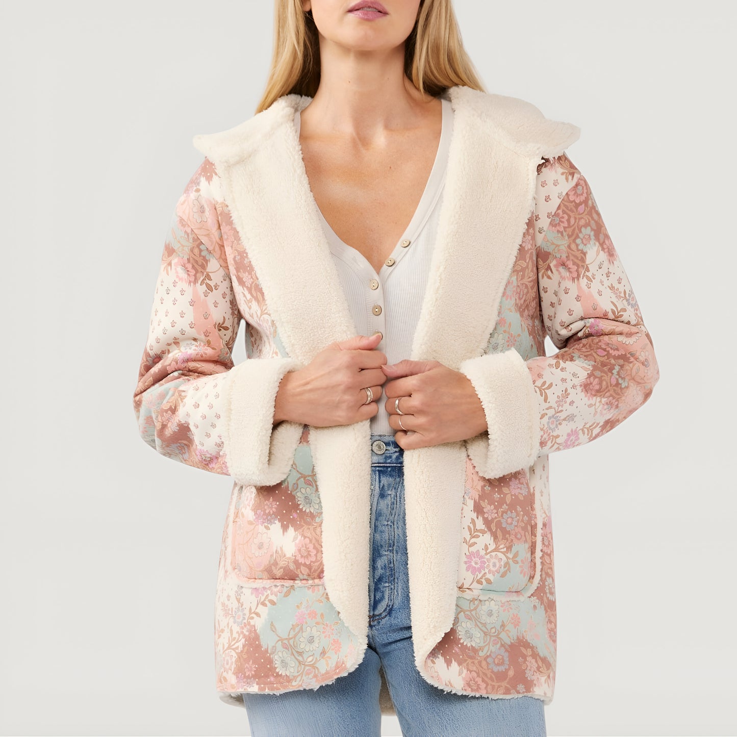 Floral Patchwork Fleece Jacket with Plush Sherpa Trim and Oversized Hood