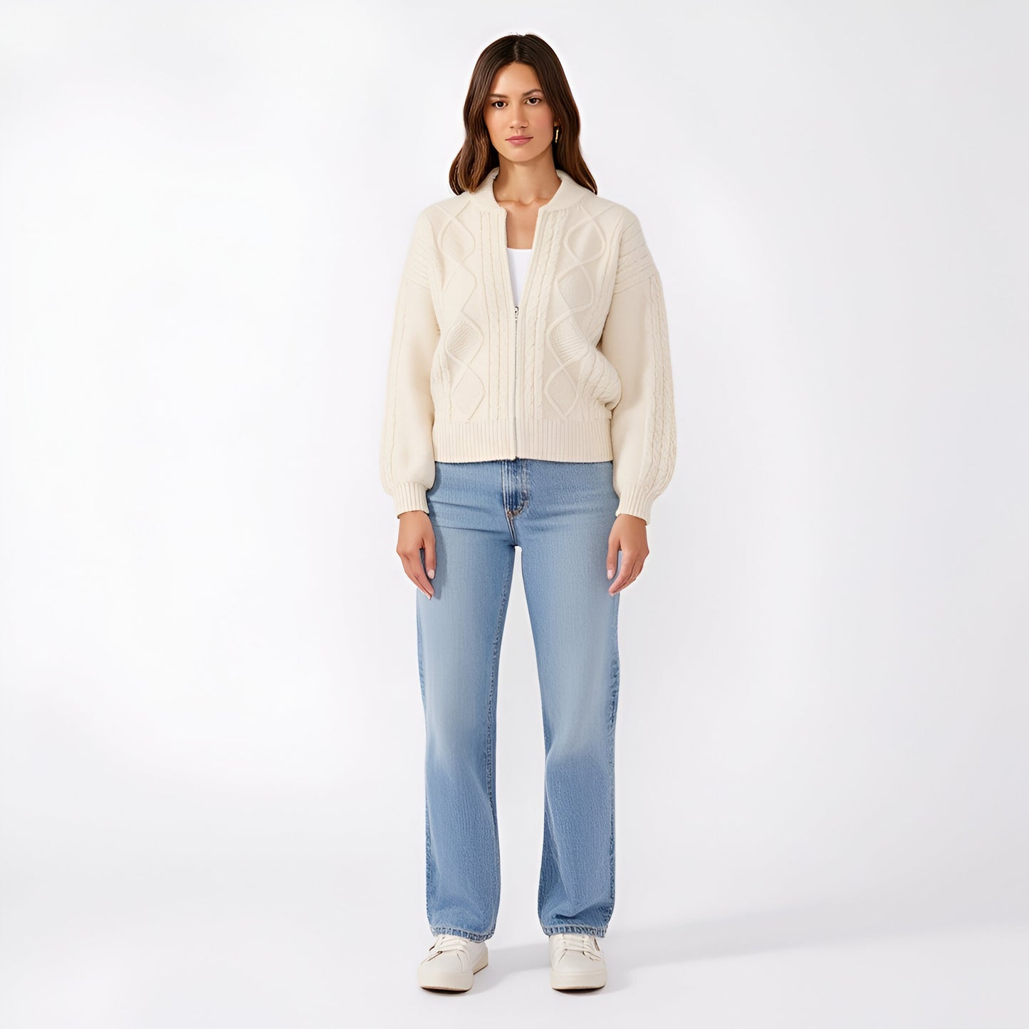Cable Knit Zip Front Cardigan with Diamond Pattern and Ribbed Trim Balloon Sleeves