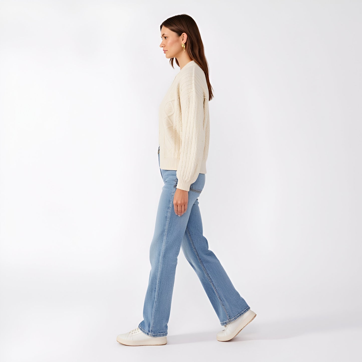Cable Knit Zip Front Cardigan with Diamond Pattern and Ribbed Trim Balloon Sleeves