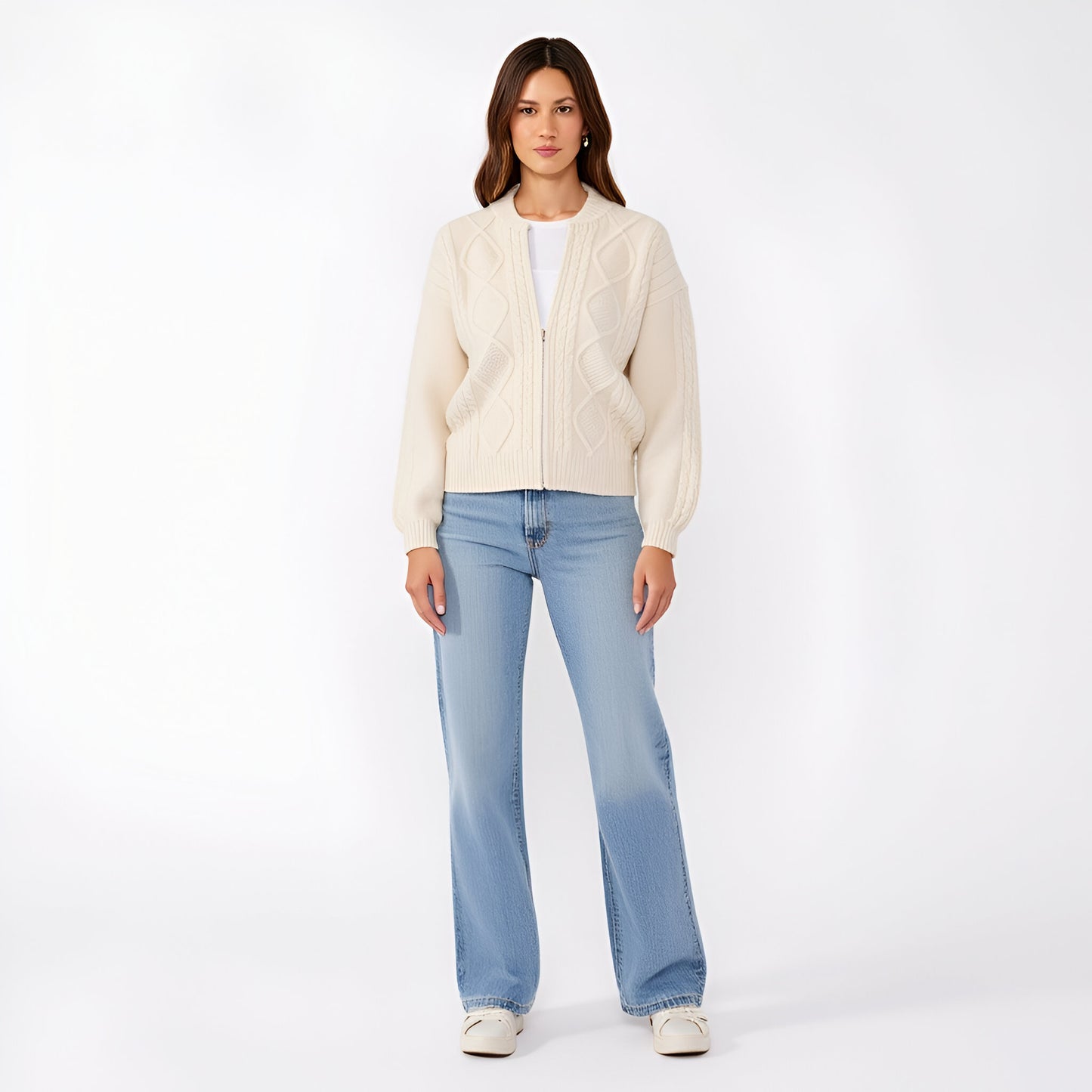 Cable Knit Zip Front Cardigan with Diamond Pattern and Ribbed Trim Balloon Sleeves