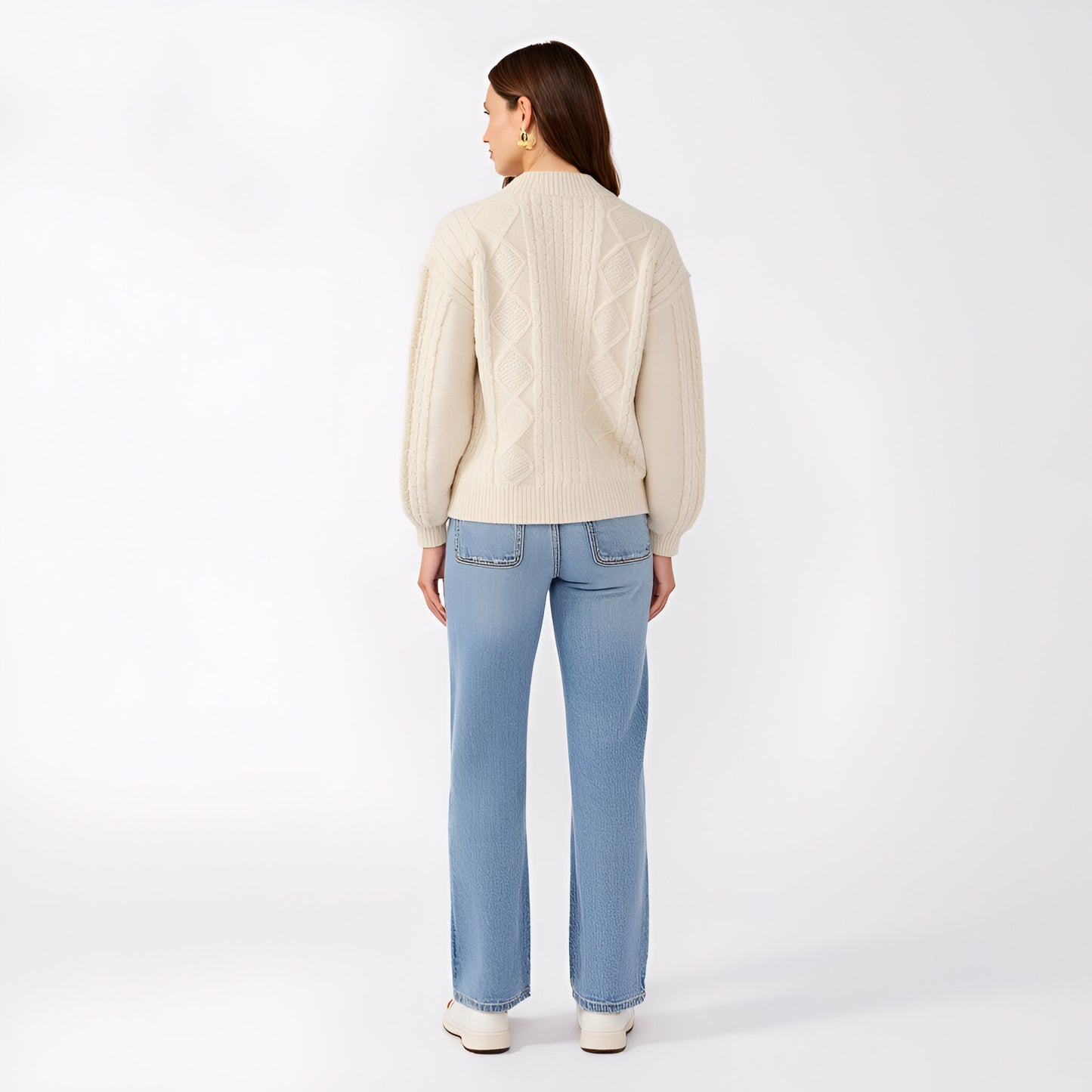 Cable Knit Zip Front Cardigan with Diamond Pattern and Ribbed Trim Balloon Sleeves