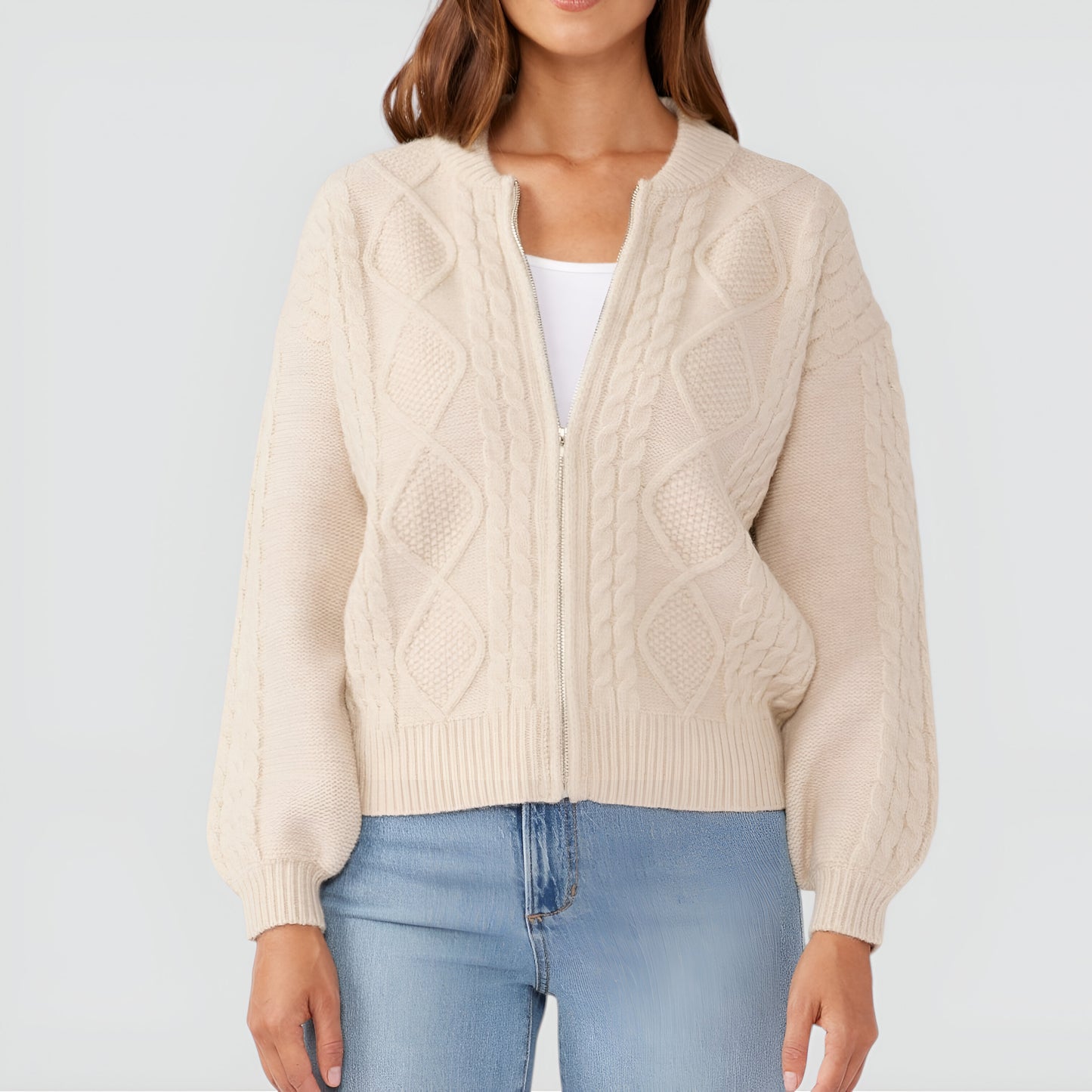 Cable Knit Zip Front Cardigan with Diamond Pattern and Ribbed Trim Balloon Sleeves