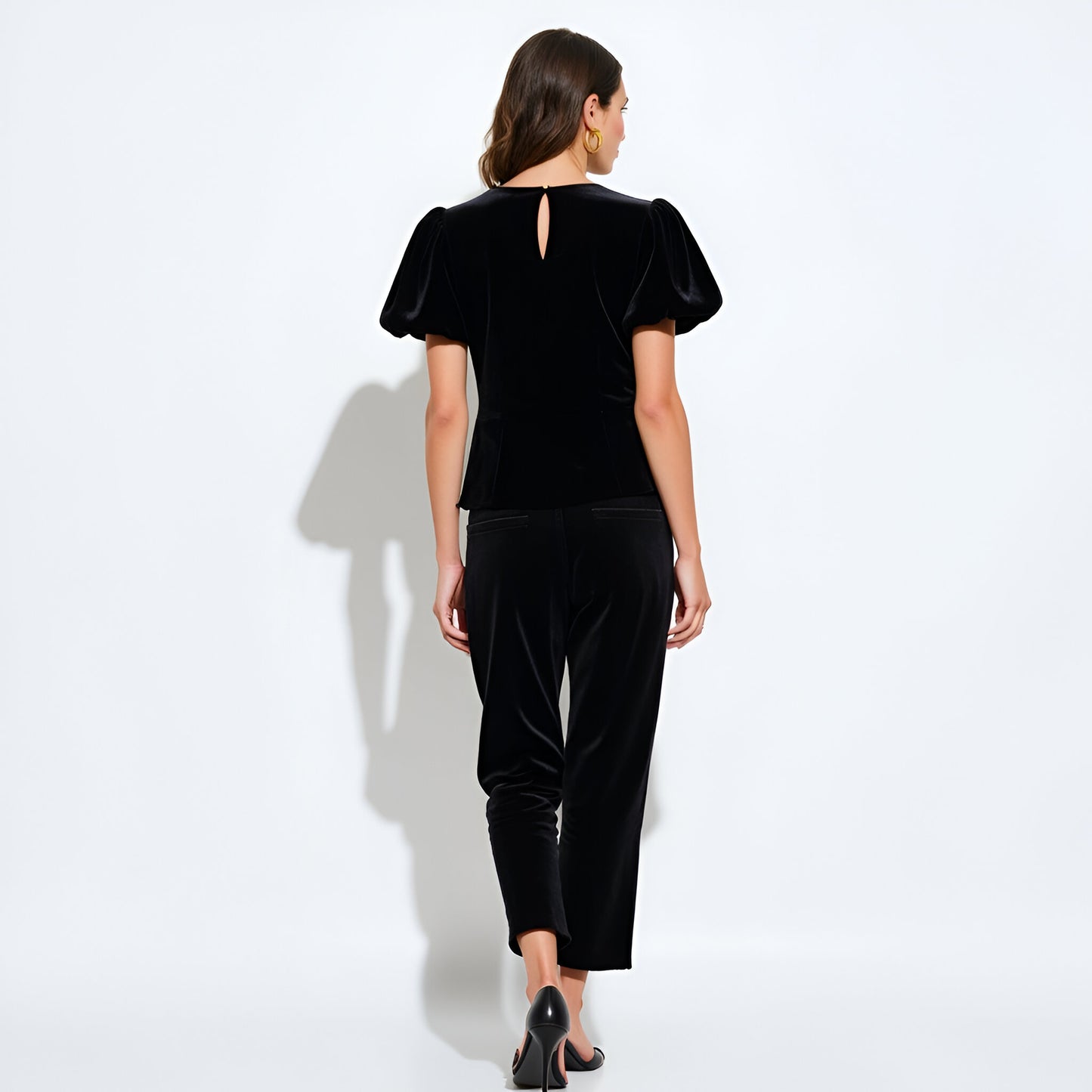 Velvet Puff Sleeve Top with Front Keyhole Cutouts and Rhinestone Bow Details