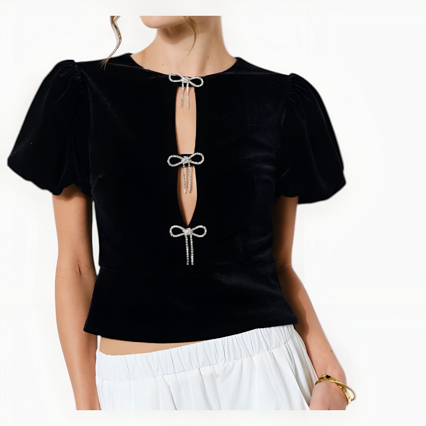 Velvet Puff Sleeve Top with Front Keyhole Cutouts and Rhinestone Bow Details