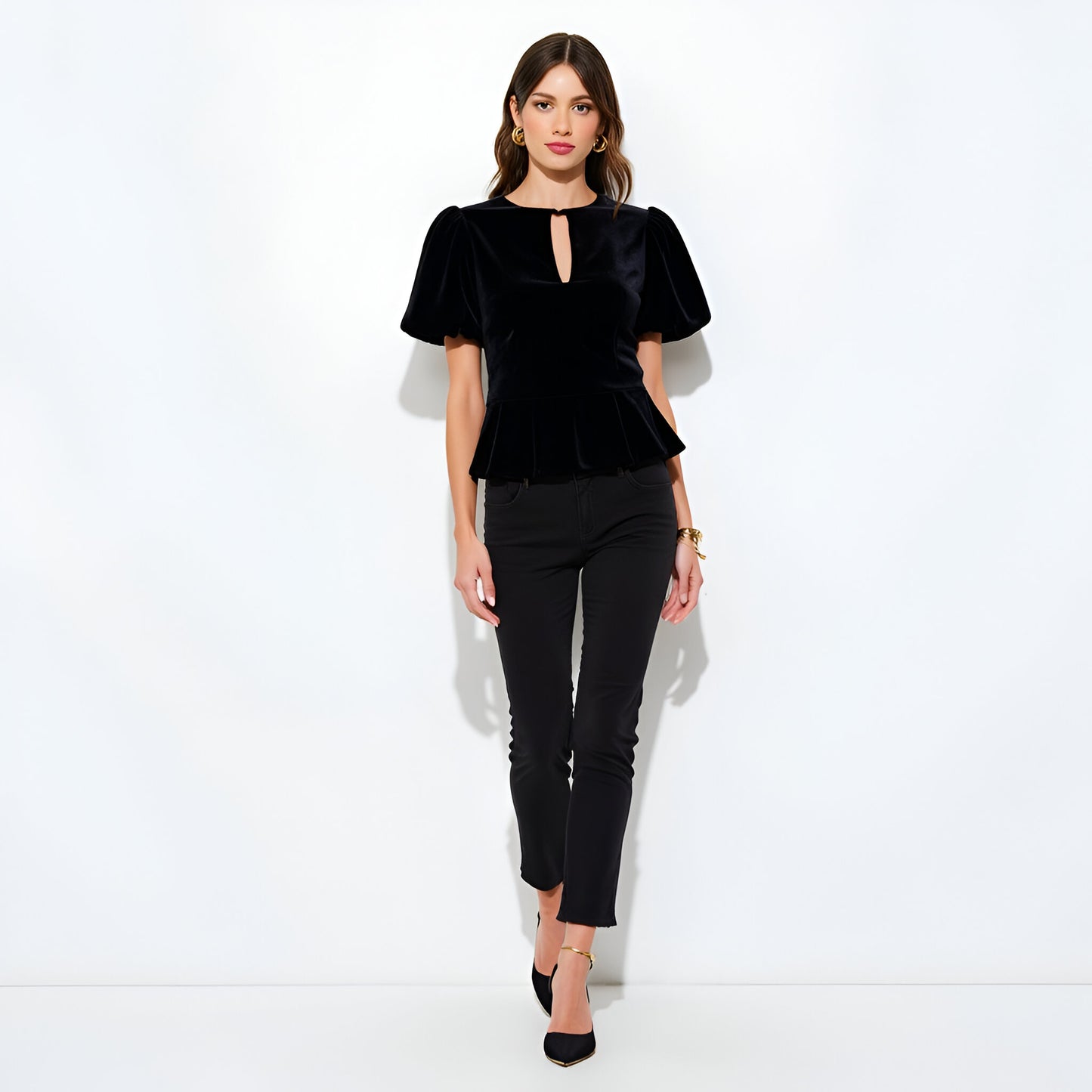Velvet Puff Sleeve Top with Front Keyhole Cutouts and Rhinestone Bow Details