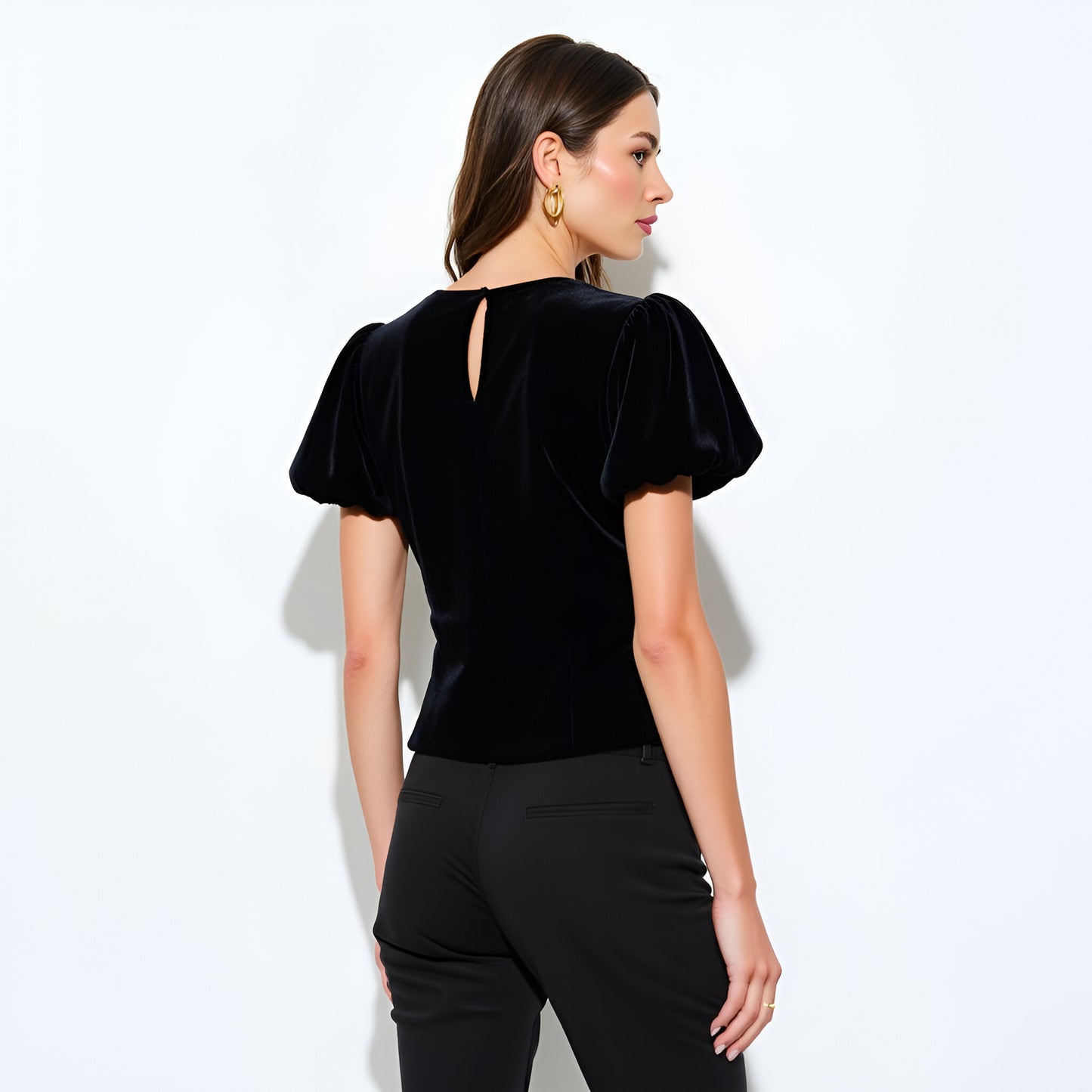 Velvet Puff Sleeve Top with Front Keyhole Cutouts and Rhinestone Bow Details