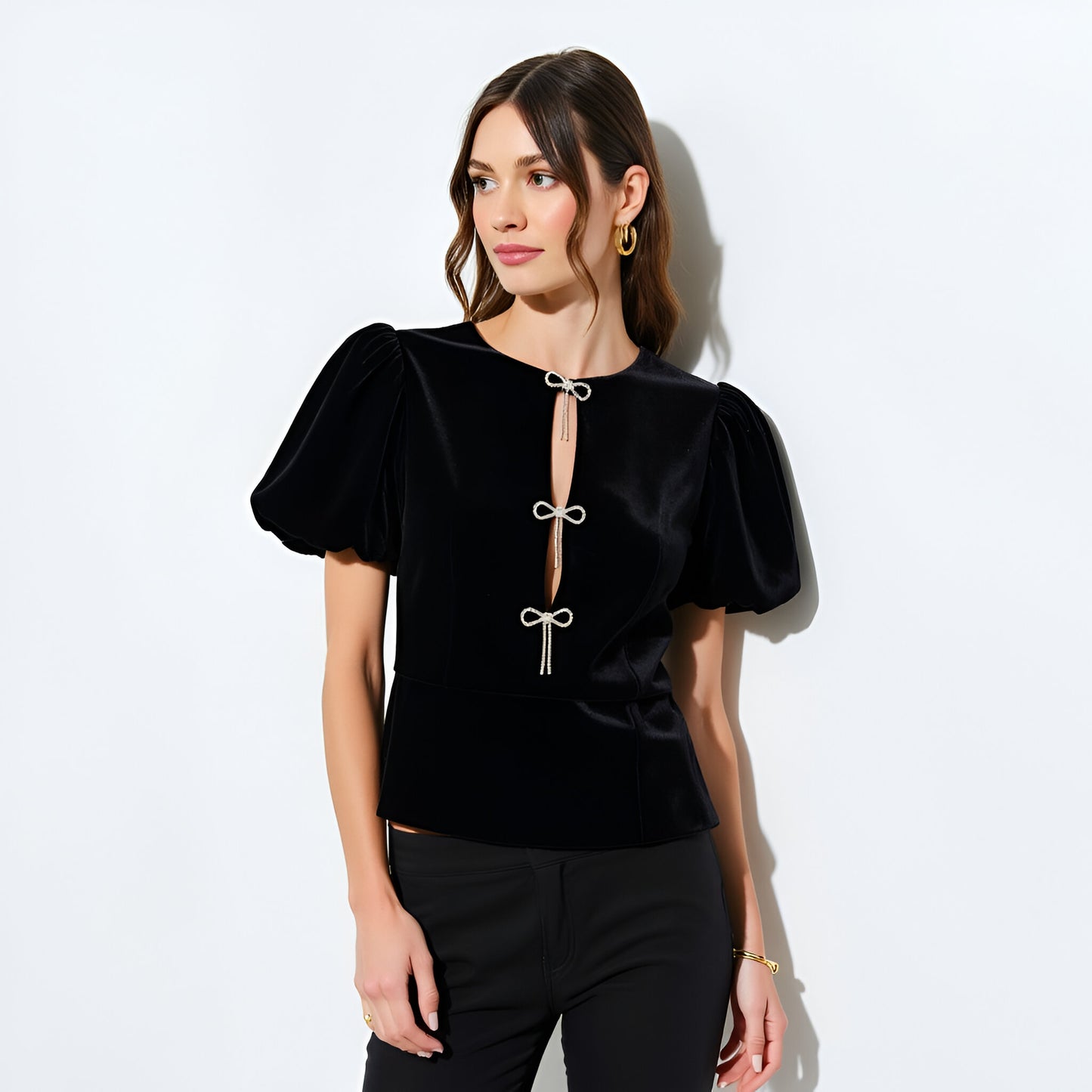 Velvet Puff Sleeve Top with Front Keyhole Cutouts and Rhinestone Bow Details